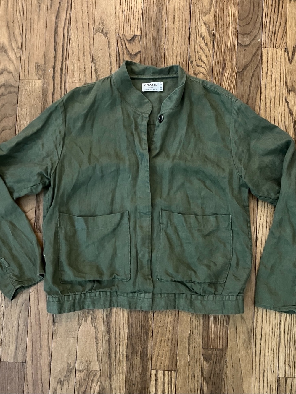 Frame Denim Olive Green Bomber Utility Shirt Jacket with Patch Pockets
